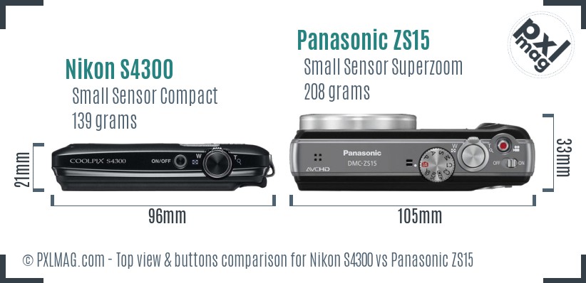 Nikon S4300 vs Panasonic ZS15 top view buttons comparison