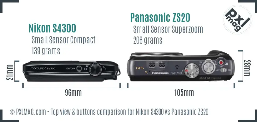 Nikon S4300 vs Panasonic ZS20 top view buttons comparison Nikon S4300 vs Panasonic ZS20 top view buttons comparison