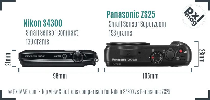 Nikon S4300 vs Panasonic ZS25 top view buttons comparison Nikon S4300 vs Panasonic ZS25 top view buttons comparison