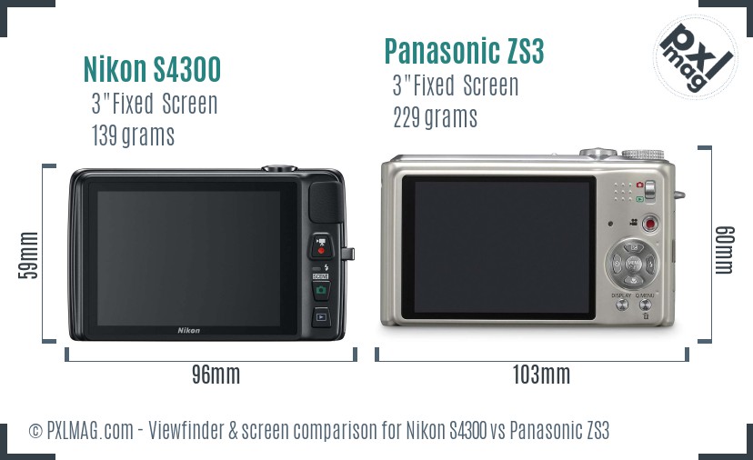 Nikon S4300 vs Panasonic ZS3 Screen and Viewfinder comparison