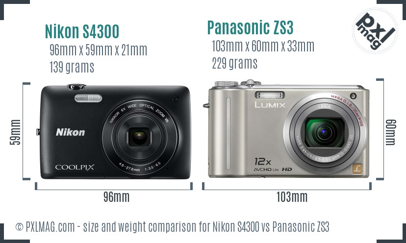 Nikon S4300 vs Panasonic ZS3 size comparison