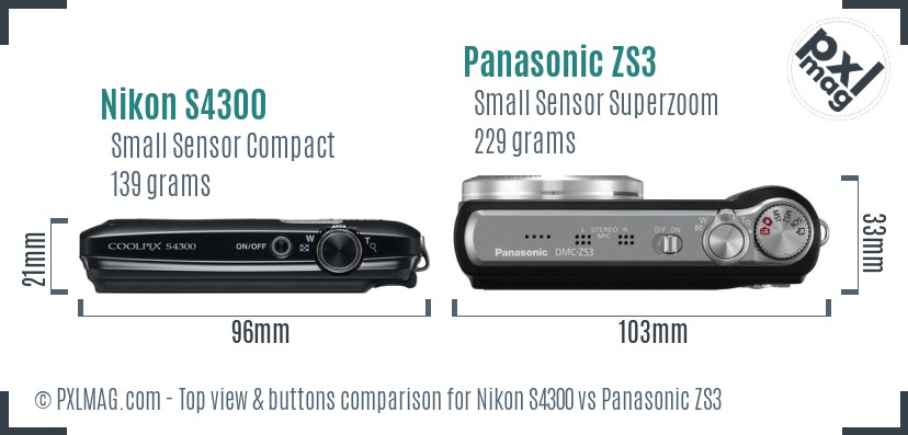 Nikon S4300 vs Panasonic ZS3 top view buttons comparison