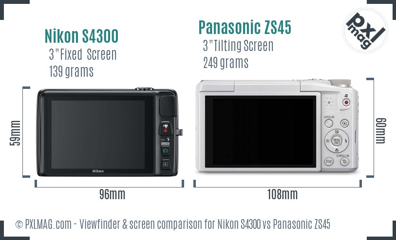 Nikon S4300 vs Panasonic ZS45 Screen and Viewfinder comparison