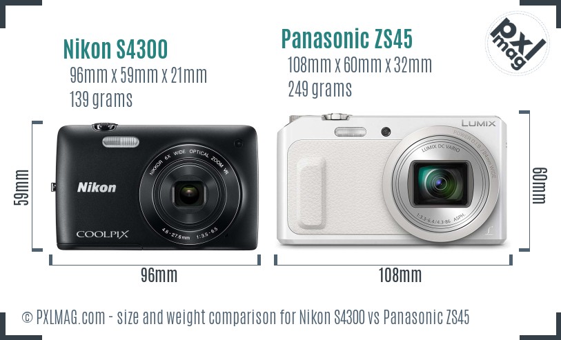 Nikon S4300 vs Panasonic ZS45 size comparison
