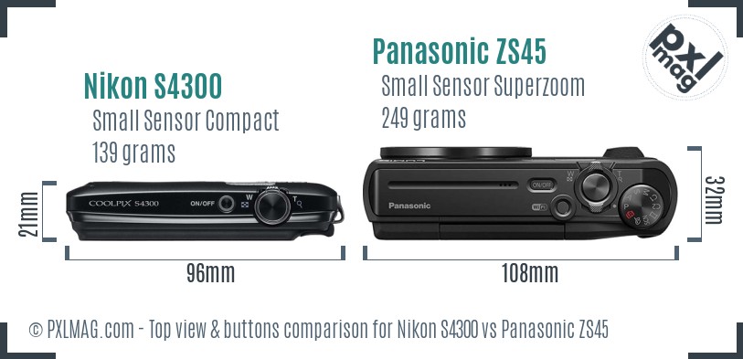 Nikon S4300 vs Panasonic ZS45 top view buttons comparison