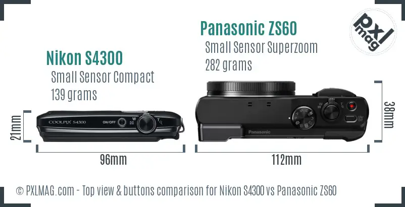 Nikon S4300 vs Panasonic ZS60 top view buttons comparison Nikon S4300 vs Panasonic ZS60 top view buttons comparison
