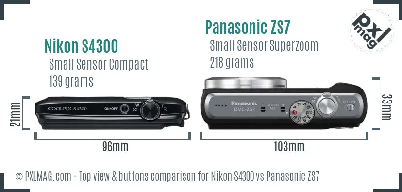 Nikon S4300 vs Panasonic ZS7 top view buttons comparison Nikon S4300 vs Panasonic ZS7 top view buttons comparison