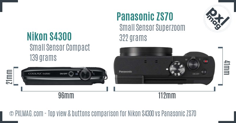 Nikon S4300 vs Panasonic ZS70 top view buttons comparison