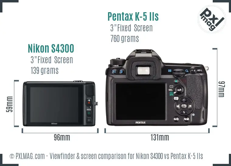 Nikon S4300 vs Pentax K-5 IIs Screen and Viewfinder comparison