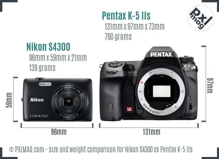 Nikon S4300 vs Pentax K-5 IIs size comparison