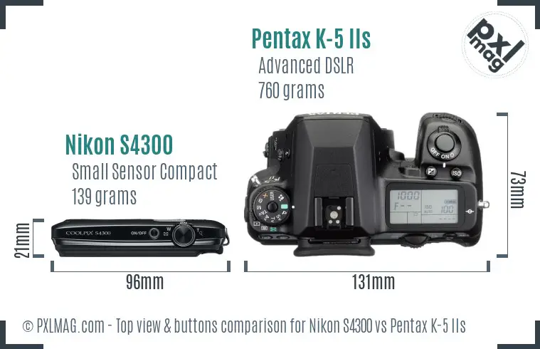 Nikon S4300 vs Pentax K-5 IIs top view buttons comparison