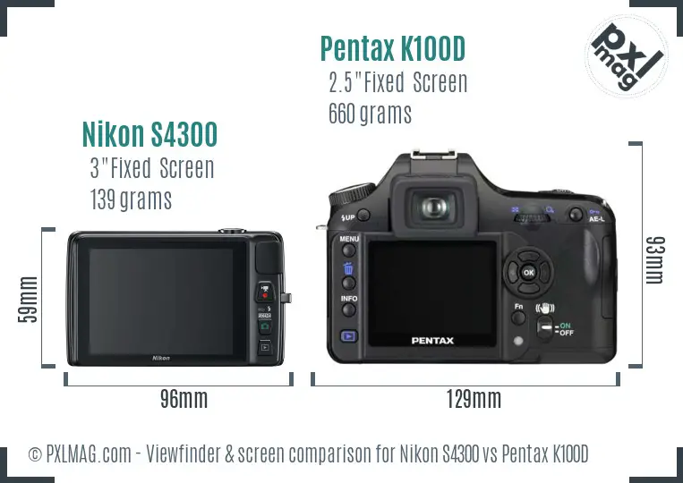Nikon S4300 vs Pentax K100D Screen and Viewfinder comparison