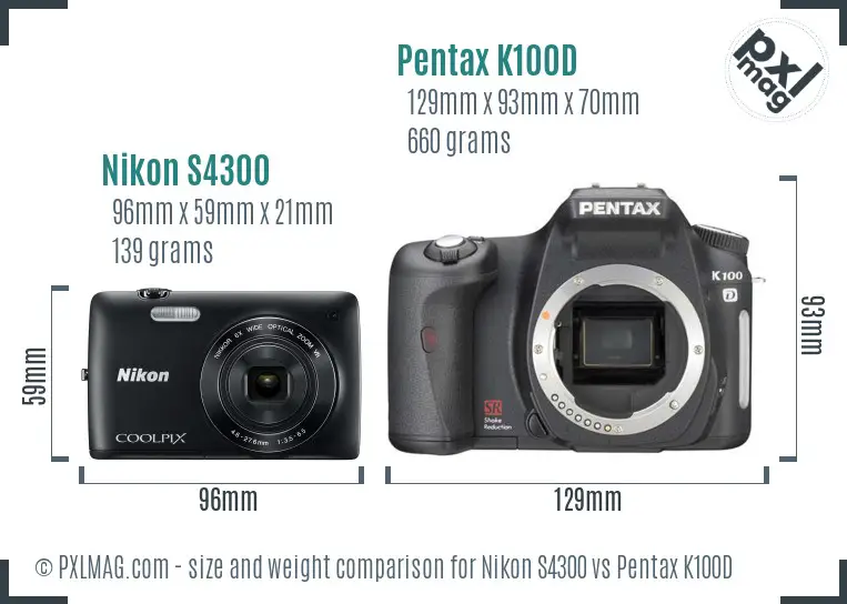 Nikon S4300 vs Pentax K100D size comparison
