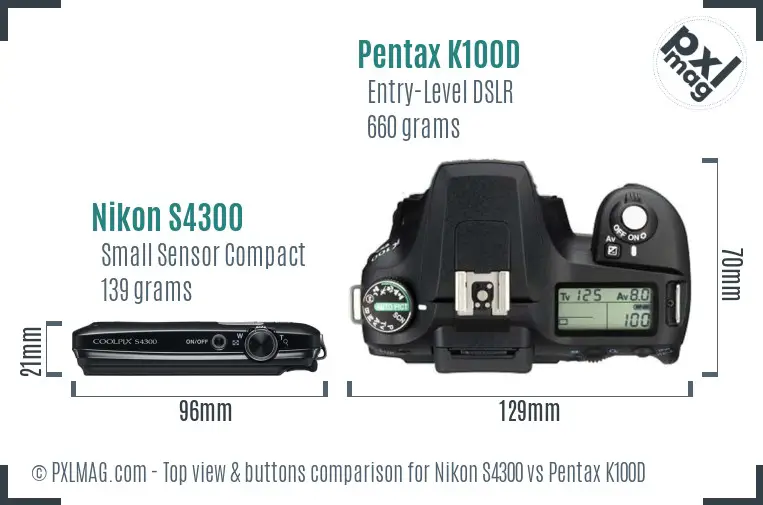 Nikon S4300 vs Pentax K100D top view buttons comparison