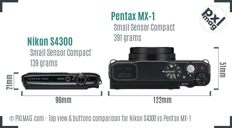 Nikon S4300 vs Pentax MX-1 top view buttons comparison
