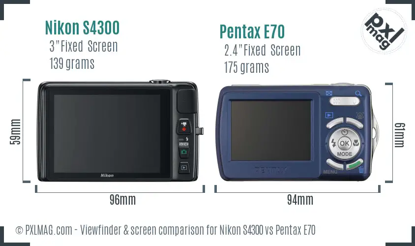 Nikon S4300 vs Pentax E70 Screen and Viewfinder comparison