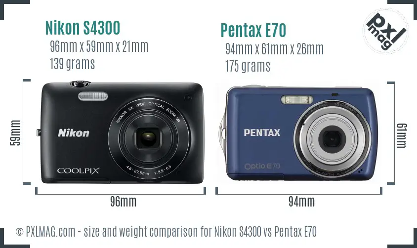 Nikon S4300 vs Pentax E70 size comparison