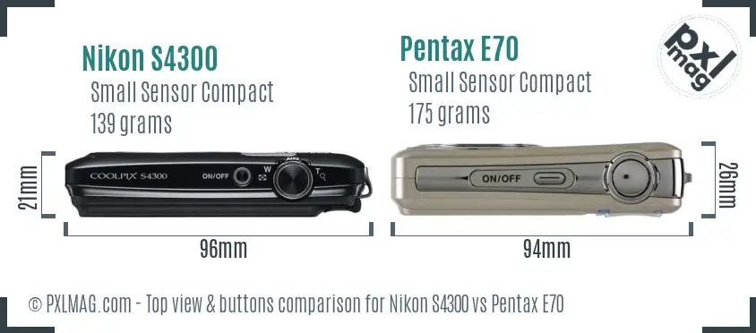 Nikon S4300 vs Pentax E70 top view buttons comparison