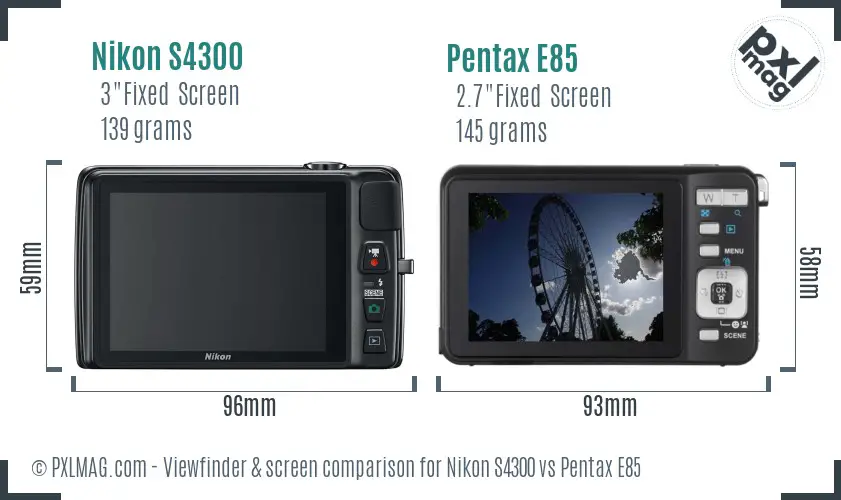 Nikon S4300 vs Pentax E85 Screen and Viewfinder comparison