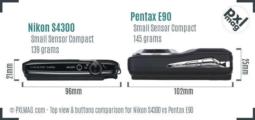 Nikon S4300 vs Pentax E90 top view buttons comparison Nikon S4300 vs Pentax E90 top view buttons comparison