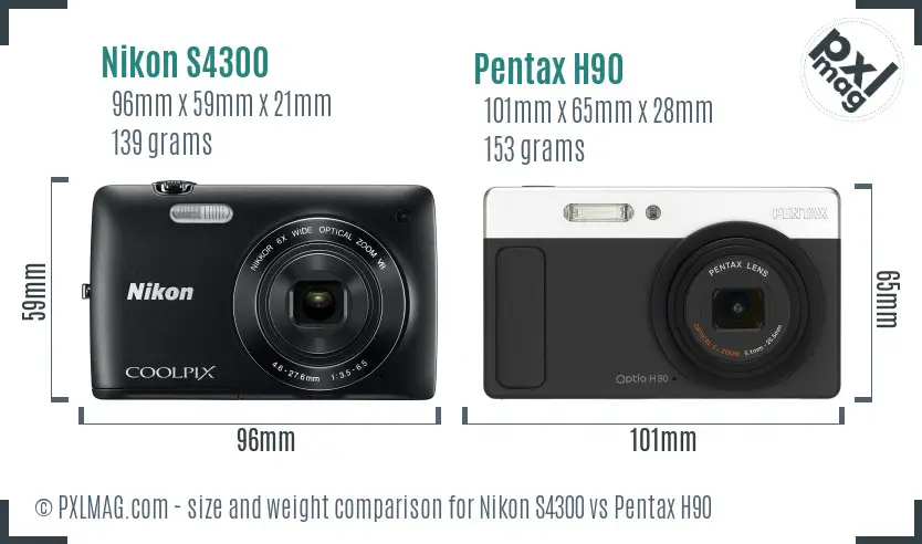 Nikon S4300 vs Pentax H90 size comparison