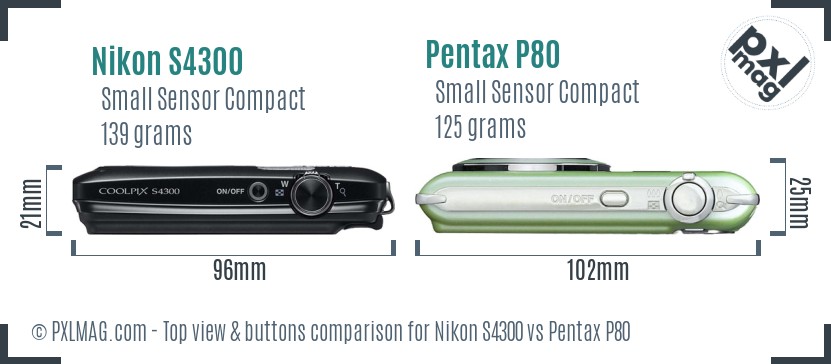 Nikon S4300 vs Pentax P80 top view buttons comparison
