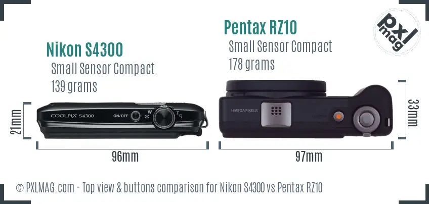 Nikon S4300 vs Pentax RZ10 top view buttons comparison