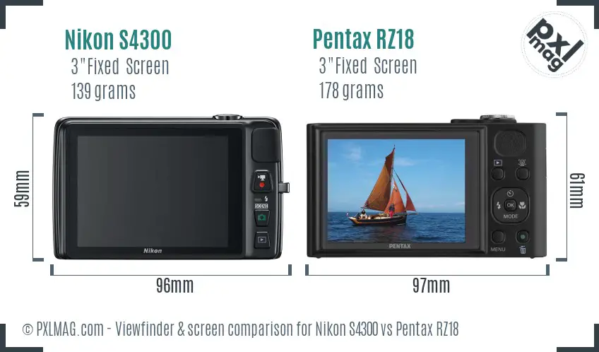 Nikon S4300 vs Pentax RZ18 Screen and Viewfinder comparison Nikon S4300 vs Pentax RZ18 Screen and Viewfinder comparison
