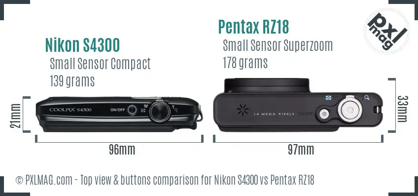 Nikon S4300 vs Pentax RZ18 top view buttons comparison Nikon S4300 vs Pentax RZ18 top view buttons comparison