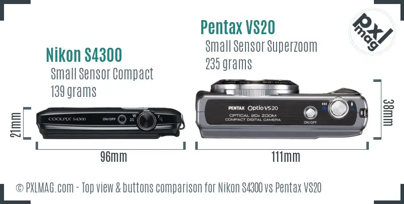 Nikon S4300 vs Pentax VS20 top view buttons comparison
