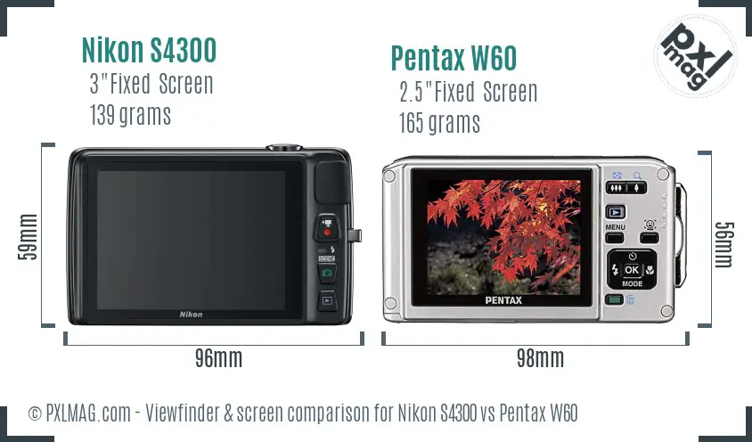 Nikon S4300 vs Pentax W60 Screen and Viewfinder comparison