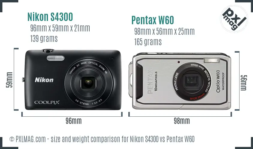 Nikon S4300 vs Pentax W60 size comparison