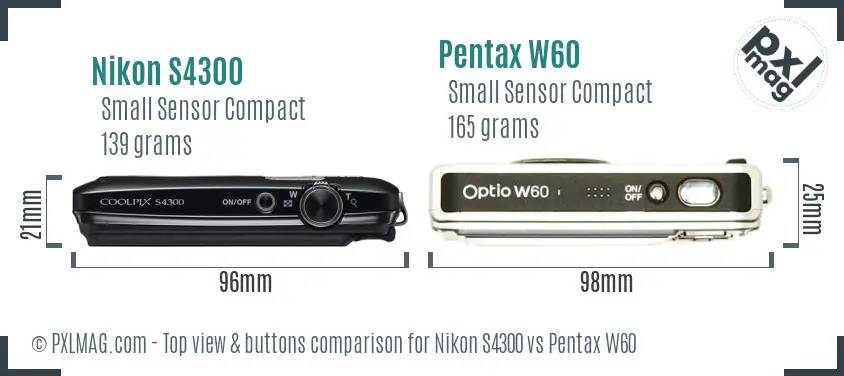 Nikon S4300 vs Pentax W60 top view buttons comparison