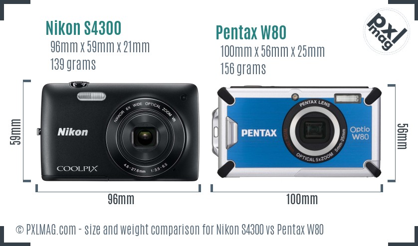 Nikon S4300 vs Pentax W80 size comparison
