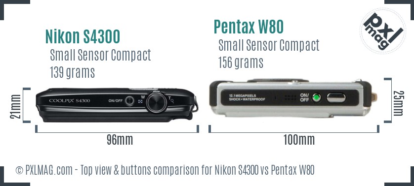 Nikon S4300 vs Pentax W80 top view buttons comparison