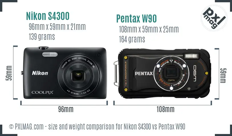 Nikon S4300 vs Pentax W90 size comparison