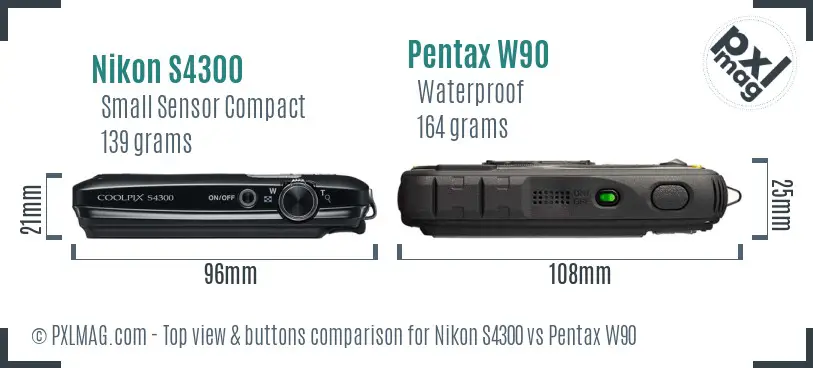 Nikon S4300 vs Pentax W90 top view buttons comparison