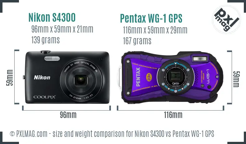 Nikon S4300 vs Pentax WG-1 GPS size comparison