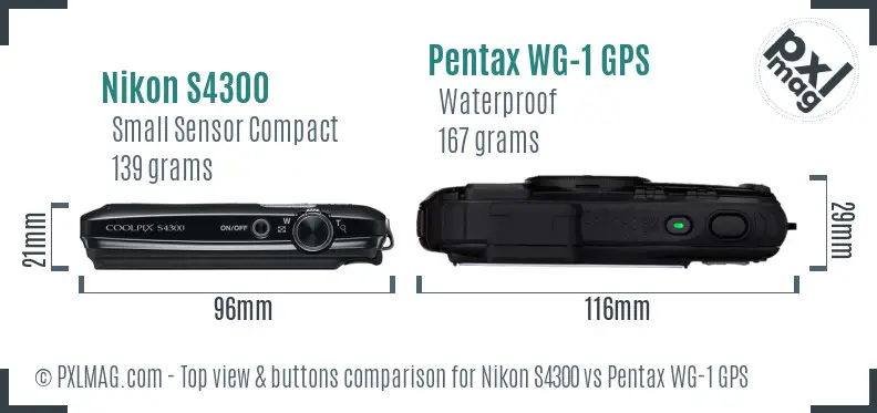Nikon S4300 vs Pentax WG-1 GPS top view buttons comparison