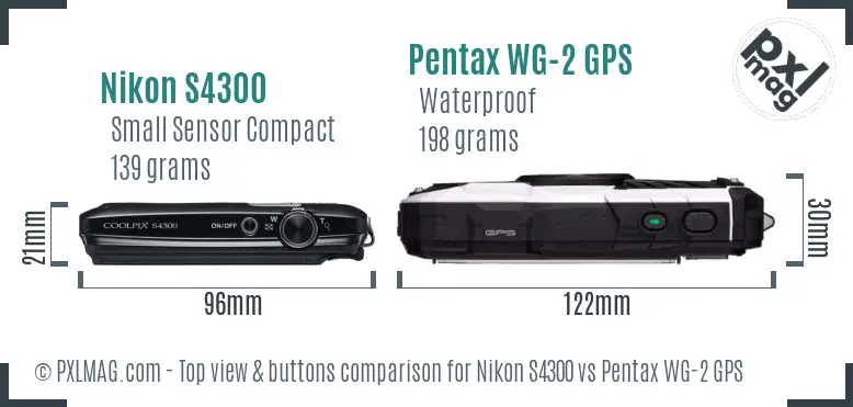 Nikon S4300 vs Pentax WG-2 GPS top view buttons comparison Nikon S4300 vs Pentax WG-2 GPS top view buttons comparison
