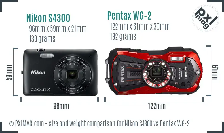 Nikon S4300 vs Pentax WG-2 size comparison