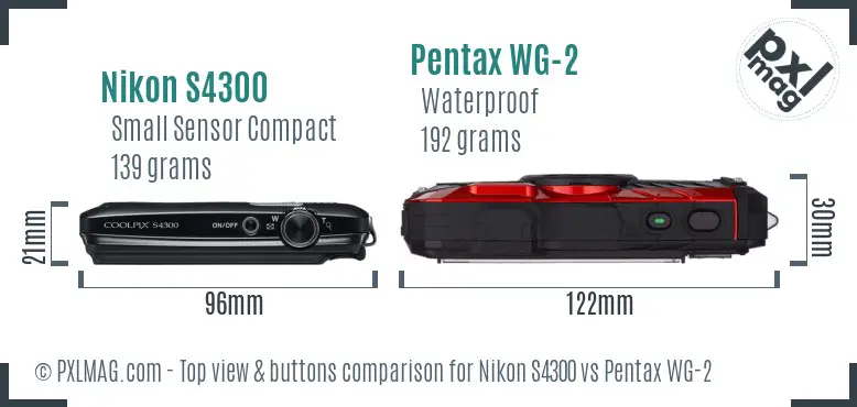 Nikon S4300 vs Pentax WG-2 top view buttons comparison