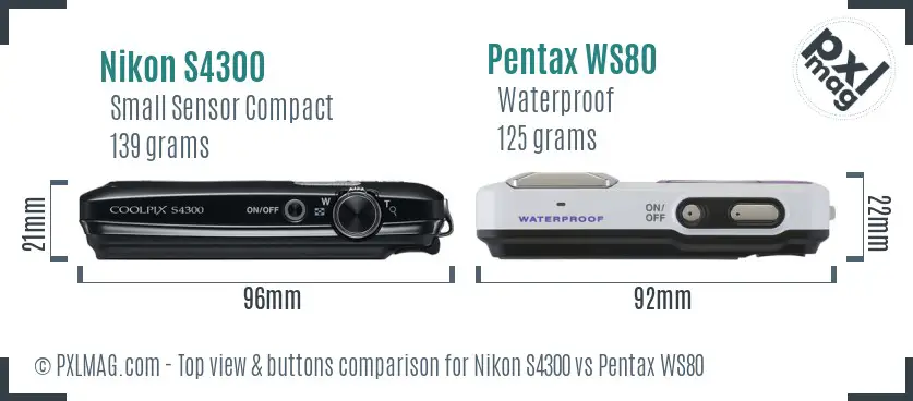 Nikon S4300 vs Pentax WS80 top view buttons comparison