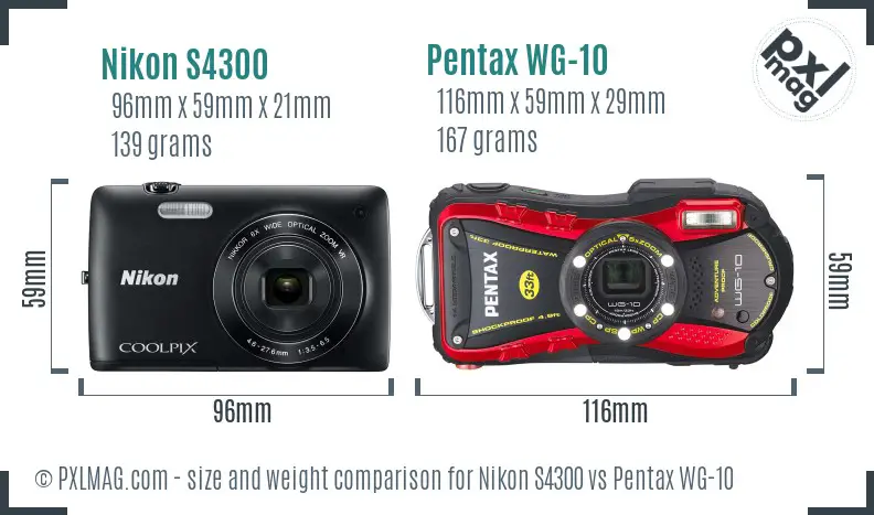 Nikon S4300 vs Pentax WG-10 size comparison