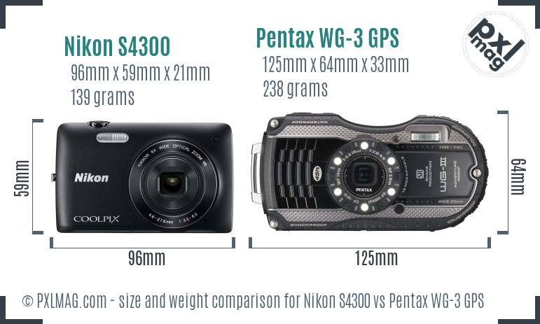 Nikon S4300 vs Pentax WG-3 GPS size comparison