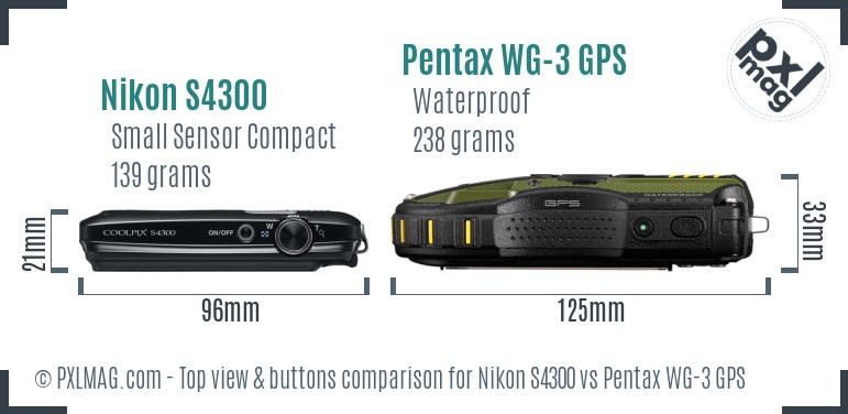 Nikon S4300 vs Pentax WG-3 GPS top view buttons comparison