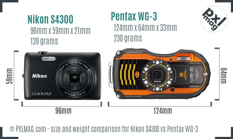 Nikon S4300 vs Pentax WG-3 size comparison