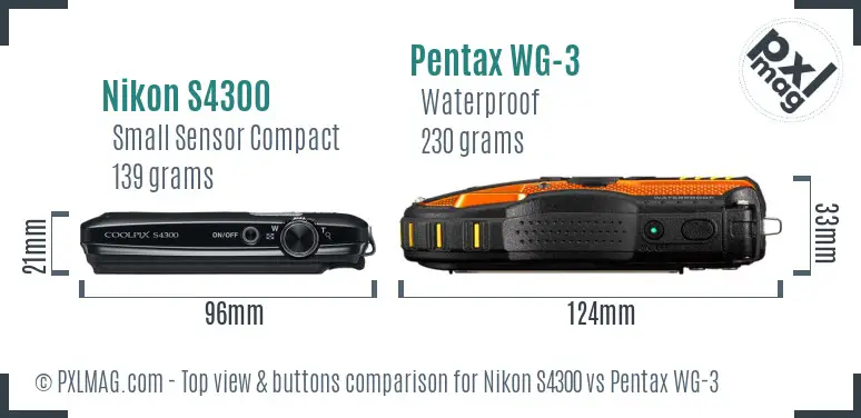 Nikon S4300 vs Pentax WG-3 top view buttons comparison