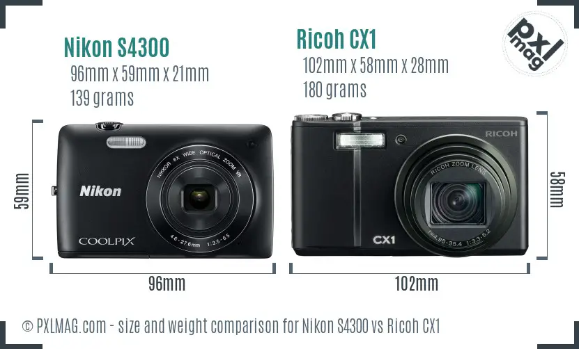 Nikon S4300 vs Ricoh CX1 size comparison