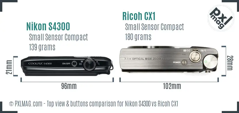 Nikon S4300 vs Ricoh CX1 top view buttons comparison